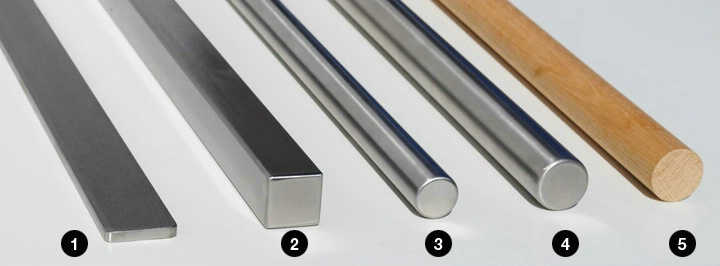 Från vänster: 1) Platt stål 50mm x 8mm, 2) Fyrkant 40mm x 40mm, 3) Rund 34mm, 4) Rund 42mm, 5) Trä 43mm